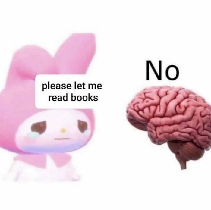Cute crying cartoon character asking to read books with a brain replying no in funny memes about therapy cost.