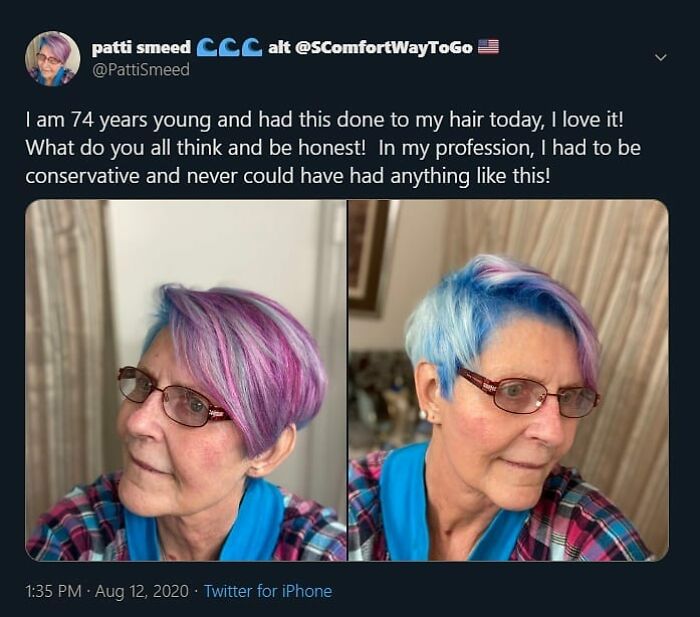 Older woman with colorful pink and blue hair makeover, showcasing feel-good transformation to restore faith in humanity.
