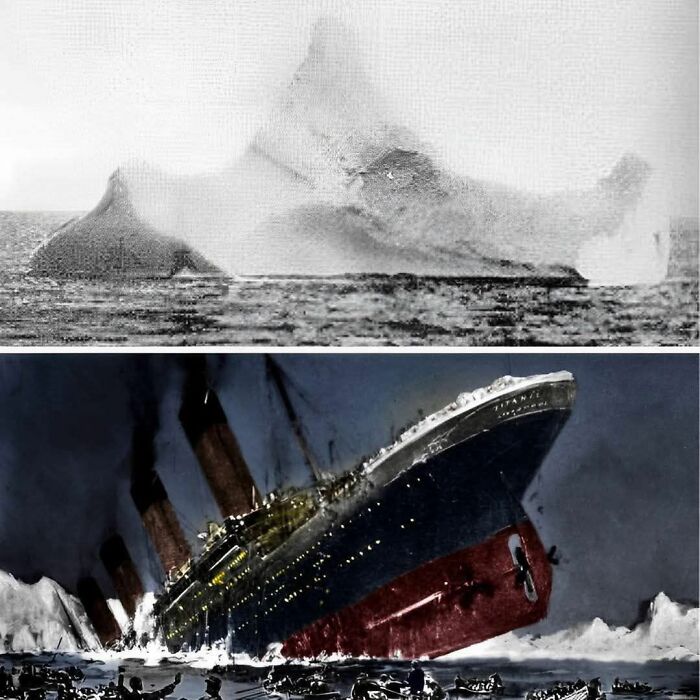 Historical photos showing the Titanic sinking after hitting an iceberg, capturing a pivotal past event at sea.