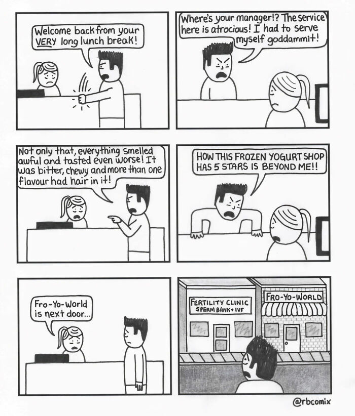 Black and white Rustedboot comic showing dark humor with a frustrated man and a frozen yogurt shop next to a fertility clinic.