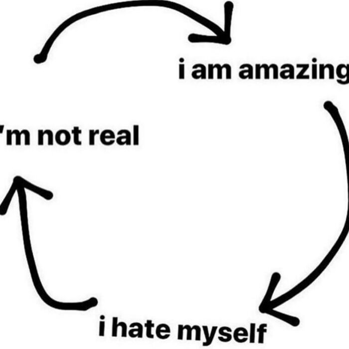 Cycle diagram with arrows showing phrases i am amazing, i hate myself, and i'm not real, a funny meme relating to therapy.