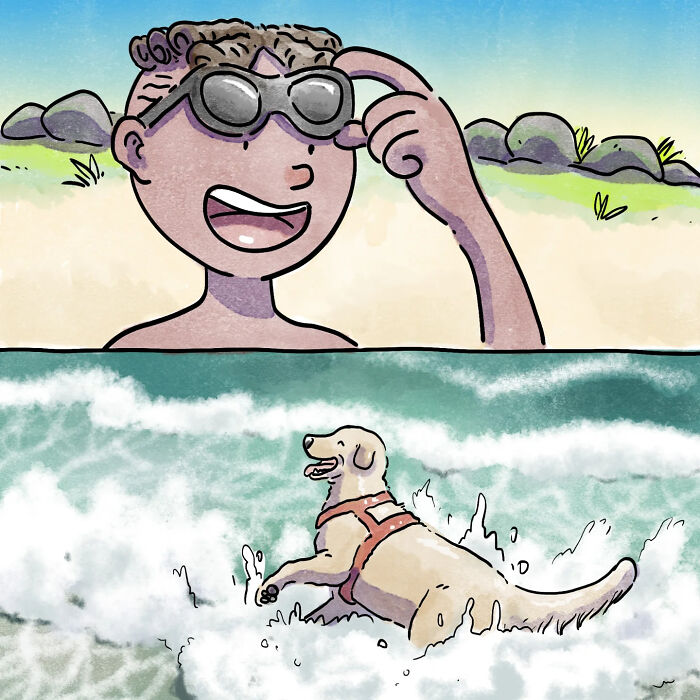 Illustration of a person smiling with sunglasses and a dog playing happily in ocean waves, life with a dog and a cat.