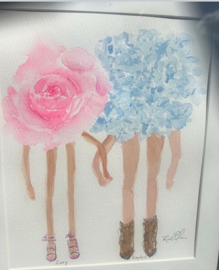 Watercolor painting of two figures with flower heads and human legs, showcasing unusual and horrible crafts by netizens.