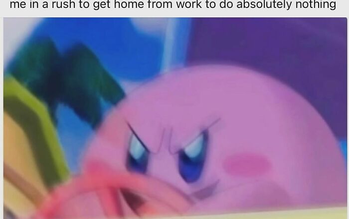 Angry Kirby driving fast with text about rushing home to do absolutely nothing, capturing introvert everyday life memes.