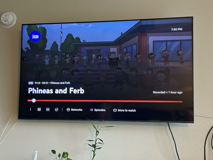 TV screen showing Phineas and Ferb episode, representing a community connecting people beyond Millennials and Gen Z.