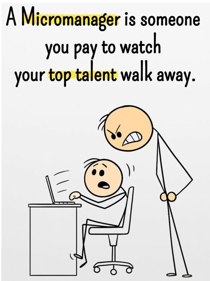 Funny work meme showing an angry micromanager yelling at a stressed employee at a desk with a laptop.