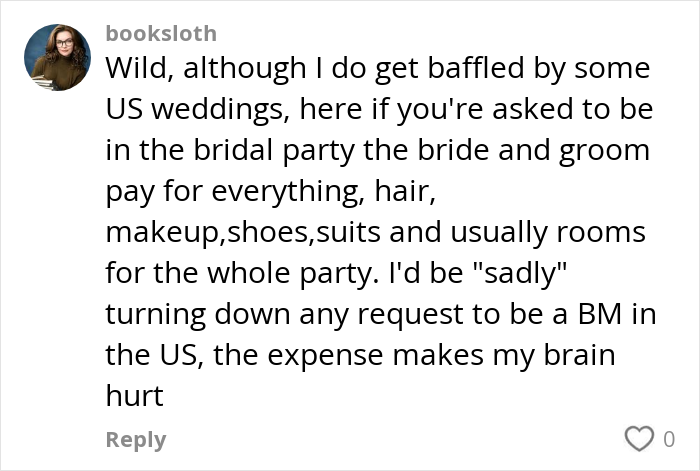 Commenter sharing opinions on expensive bridal party costs and experiences related to date changed last minute wedding shaming.