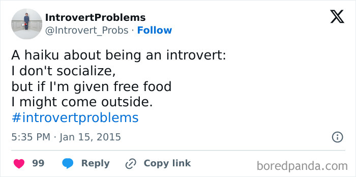 Tweet from IntrovertProblems sharing a haiku about introvert life and socializing with free food, highlighting introvert problems meme.