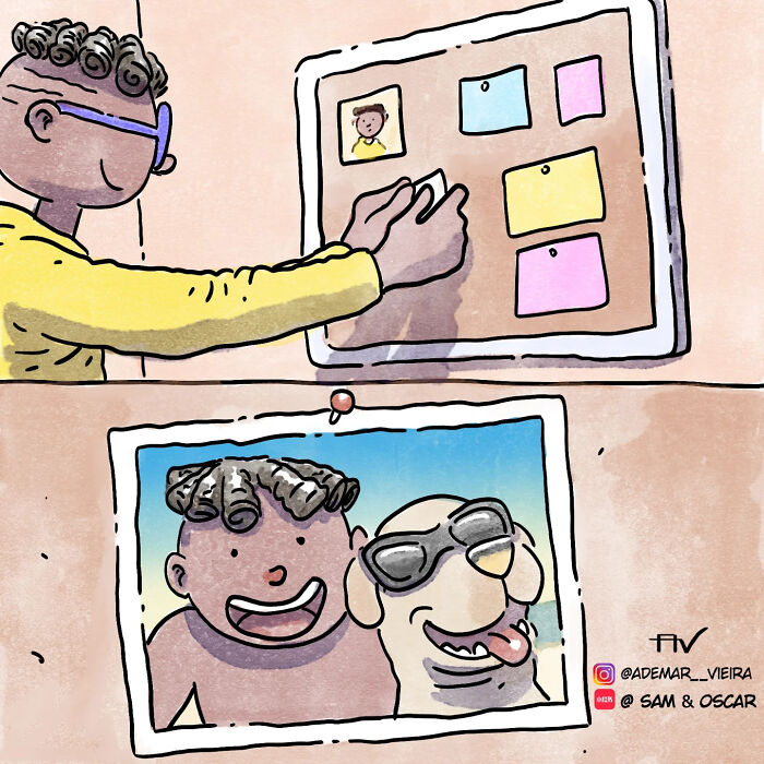 Artist sharing heartfelt wordless comics about life with a dog and a cat, shown through a colorful illustration.