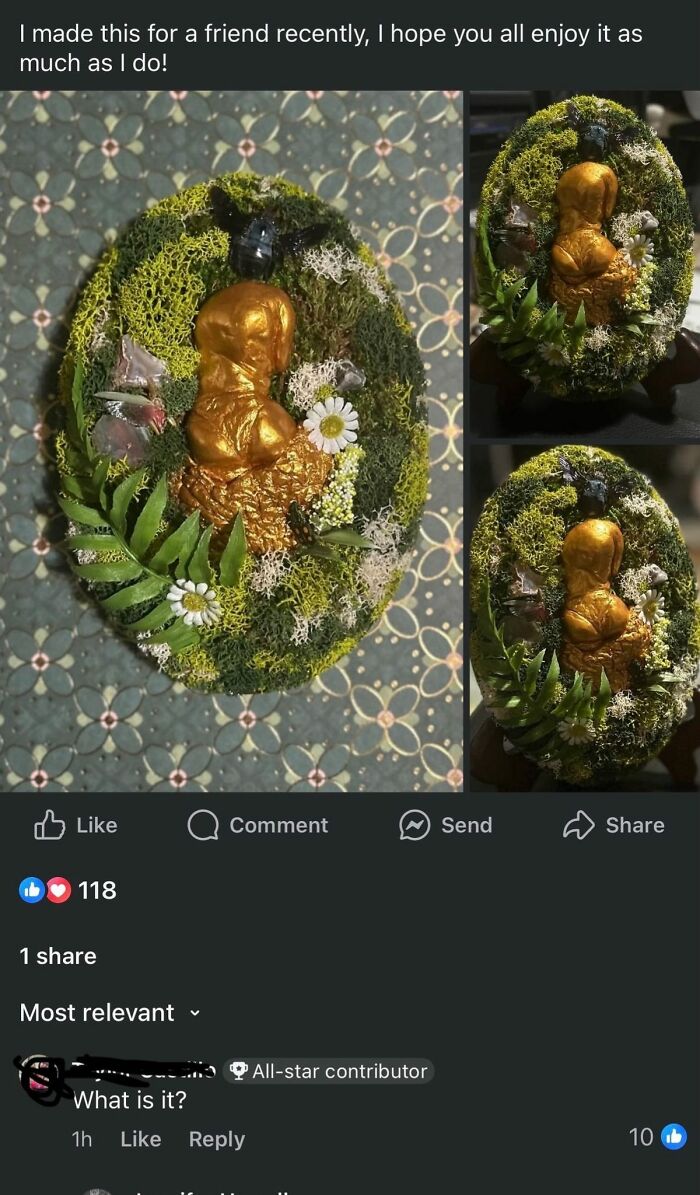Craft shaming example showing a bizarre DIY moss and gold sculpture centerpiece with mixed natural elements.