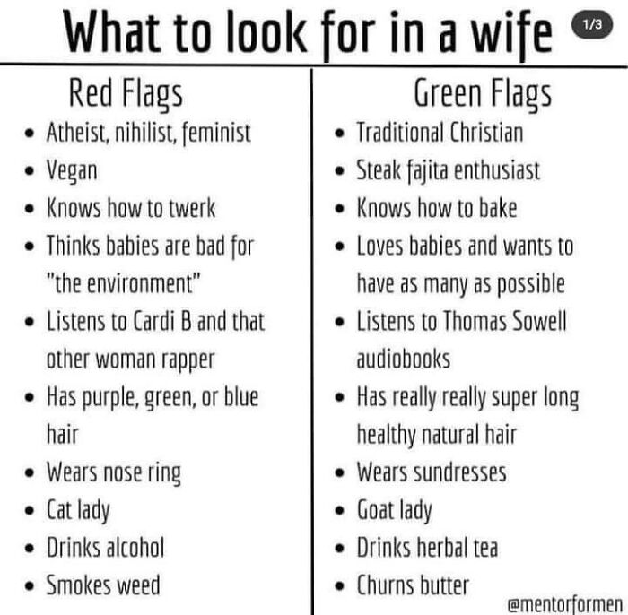 Comparison list of red flags and green flags in relationships, highlighting signs in a wife for relationship challenges or harmony.