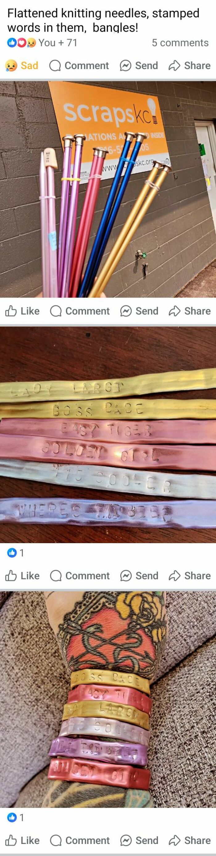 DIY craft project featuring flattened knitting needles with stamped words, highlighting a craft shaming fail in handmade bracelets.
