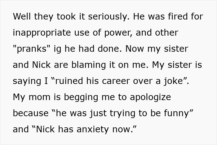 Text message describing a man&rsquo;s harmless prank on girlfriend&rsquo;s sister causing panic and leading to revenge.