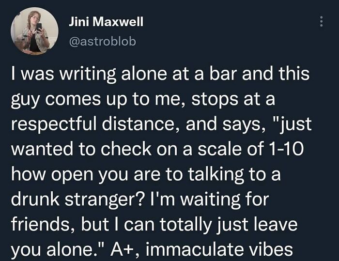 Tweet showing a wholesome interaction at a bar, highlighting feel-good posts that restore faith in humanity.