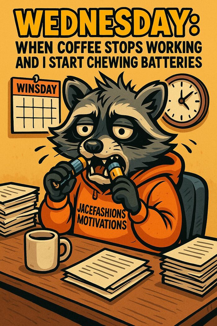 Raccoon in an orange hoodie biting batteries at a cluttered desk, illustrating tiredness in funny work memes.