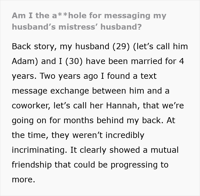 Wife Texts Hubby’s Mistress’s Husband To Expose Affair, Asks Internet If She Went Too Far Wife Texts Hubby’s Mistress’s Husband To Expose Affair, Asks Internet If She Went Too Far
