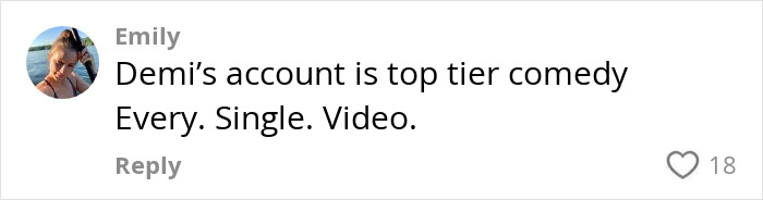 Comment praising Demi Lovato's comedy skills on social media with a profile picture of a woman outdoors. Comment praising Demi Lovato's comedy skills on social media with a profile picture of a woman outdoors.