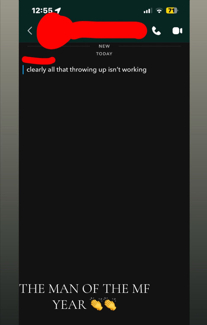 Screenshot of a chaotic text message with a caption praising the man of the year nomination by women.