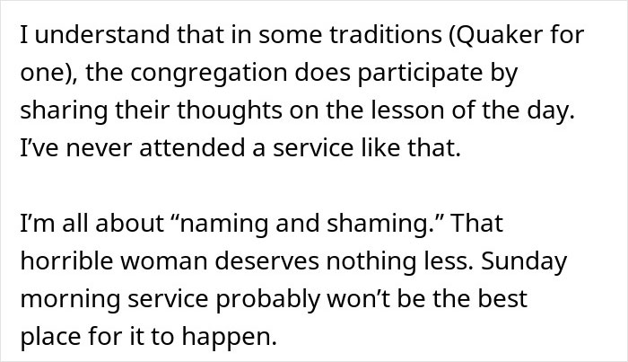 Text excerpt discussing differing church traditions and a freelancer calling out an entitled church member demanding free work.