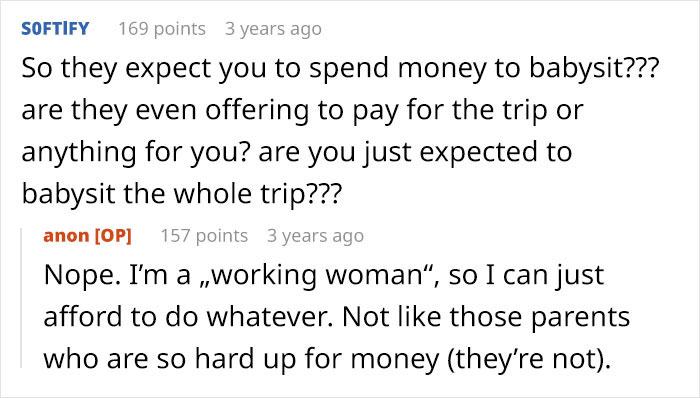 Reddit conversation showing a woman finding out the only reason she's invited to family holiday is to babysit.
