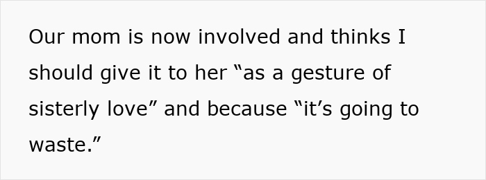 Text excerpt about wedding dress sisters drama discussing mom&rsquo;s involvement and a gesture of sisterly love to avoid waste.