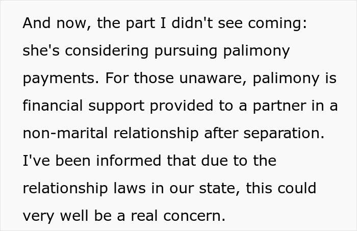 Text excerpt explaining palimony payments and legal concerns in non-marital relationships after separation.