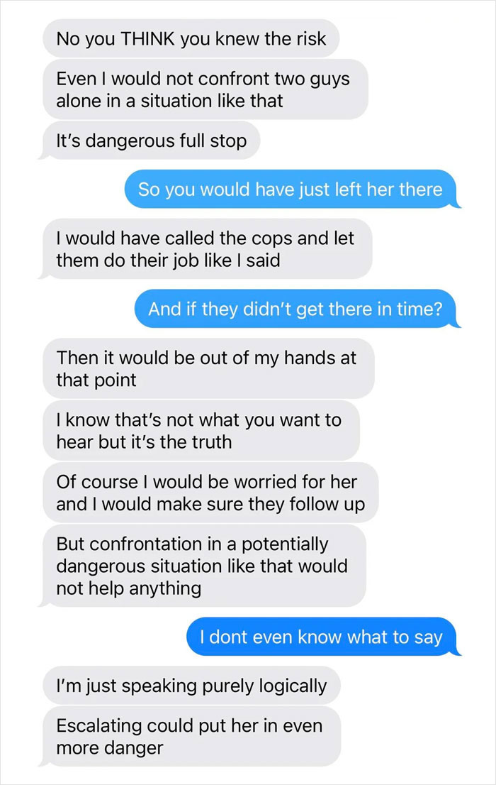Text message conversation discussing confrontation risks in a situation with two men trying to kidnap a drunk girl. Text message conversation discussing confrontation risks in a situation with two men trying to kidnap a drunk girl.