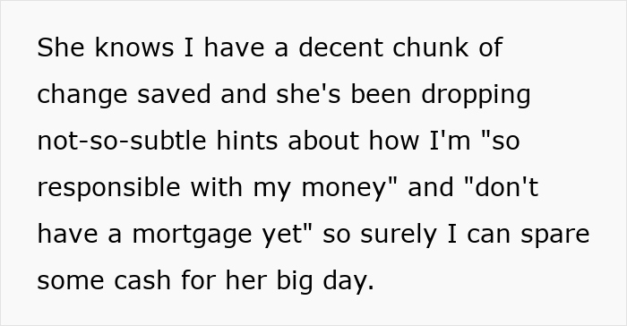 Text discussing bride expecting sister to fund wedding after spending her $25K savings, highlighting wedding drama and finances.