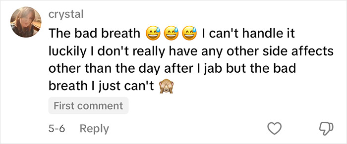 Comment about bad breath side effect from using Mounjaro, shared by woman who dropped 84 lbs on Mounjaro.