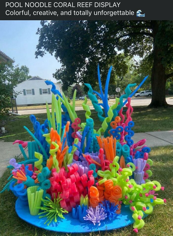Colorful DIY pool noodle coral reef project displayed outdoors, showcasing creative but horrendous craft shaming ideas.