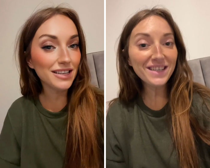 Woman showing the difference in appearance with filters vs without filters, highlighting natural vs enhanced looks.