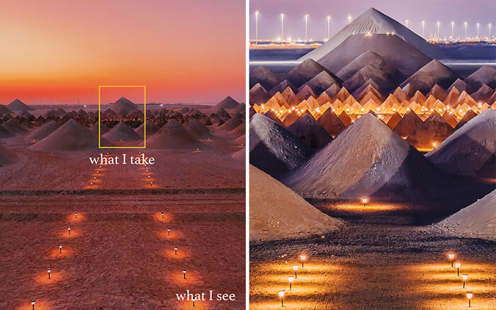 Comparison of what the photographer sees versus the perfect shot captured with creative perspective and lighting.