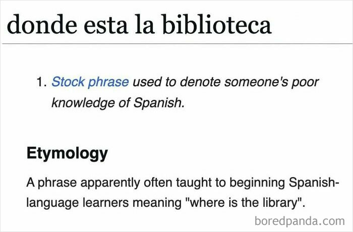 Text excerpt from a Wikipedia article explaining the phrase "donde esta la biblioteca" used in Spanish language learning.