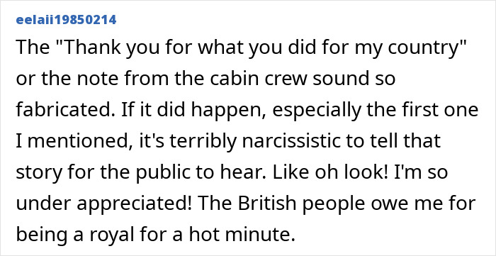 Text screenshot of a comment criticizing Meghan Markle&rsquo;s behavior, discussing accusations of treating her kids like accessories after a flight attendant&rsquo;s remarks.