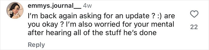 Comment from emmys.journal asking for an update and expressing concern for mental health after hearing about Diddy's alleged threat in court.