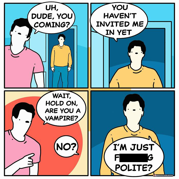 Dark and twisted comic panel by Miles Erickson showing a humorous yet brutal conversation about being polite.