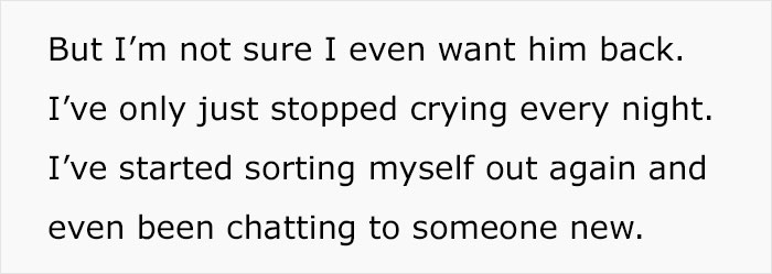 Text excerpt from a message expressing mixed feelings after a man regrets leaving his wife and ends up in the hospital.