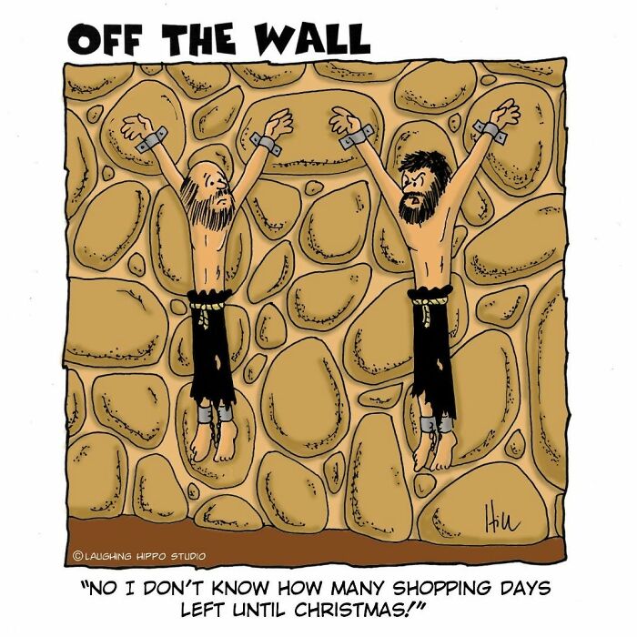 Cartoonist comic shows dungeon fails with two captives stuck on a stone wall, humorously ignoring their situation.
