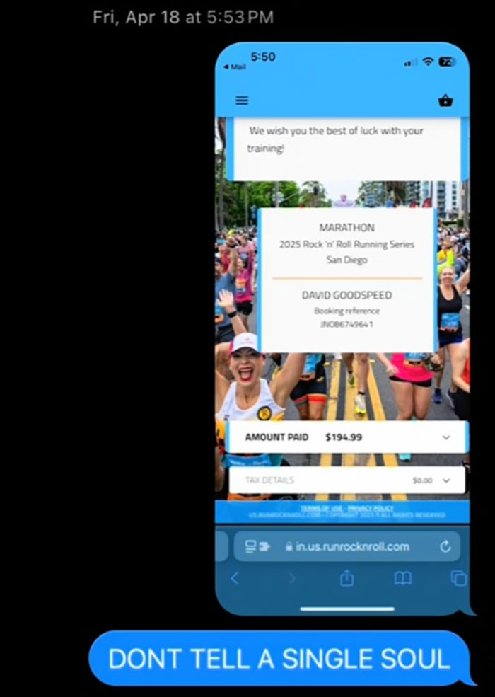 Screenshot shows a marathon registration with just 24 hours notice after husband claimed he could run with zero training.
