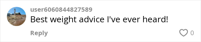 Comment on social media praising weight advice, with user profile image of a lighthouse and text praising weight loss tips.