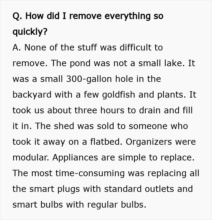 Text excerpt explaining how a man quickly removed a small pond and shed while complying with court decisions against landlord.