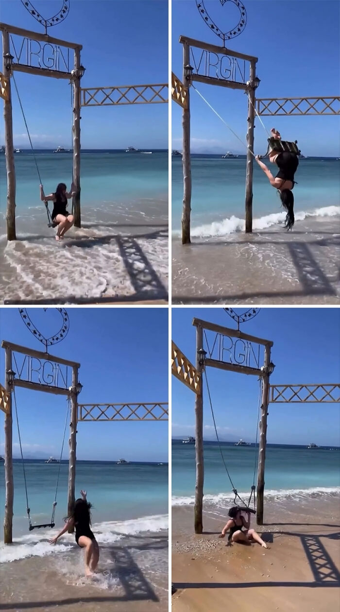 Influencer performing a risky stunt on a beach swing, falling into the water and sand for views and attention.