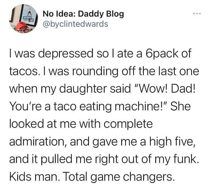 Screenshot of a feel-good social media post about a dad lifting his mood with support from his daughter, wholesome and inspiring.