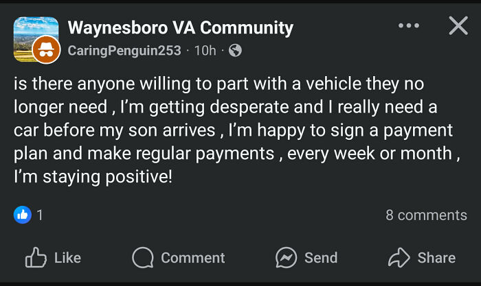 Social media post from Waynesboro VA Community about entitled single moms needing a vehicle and payment plans.