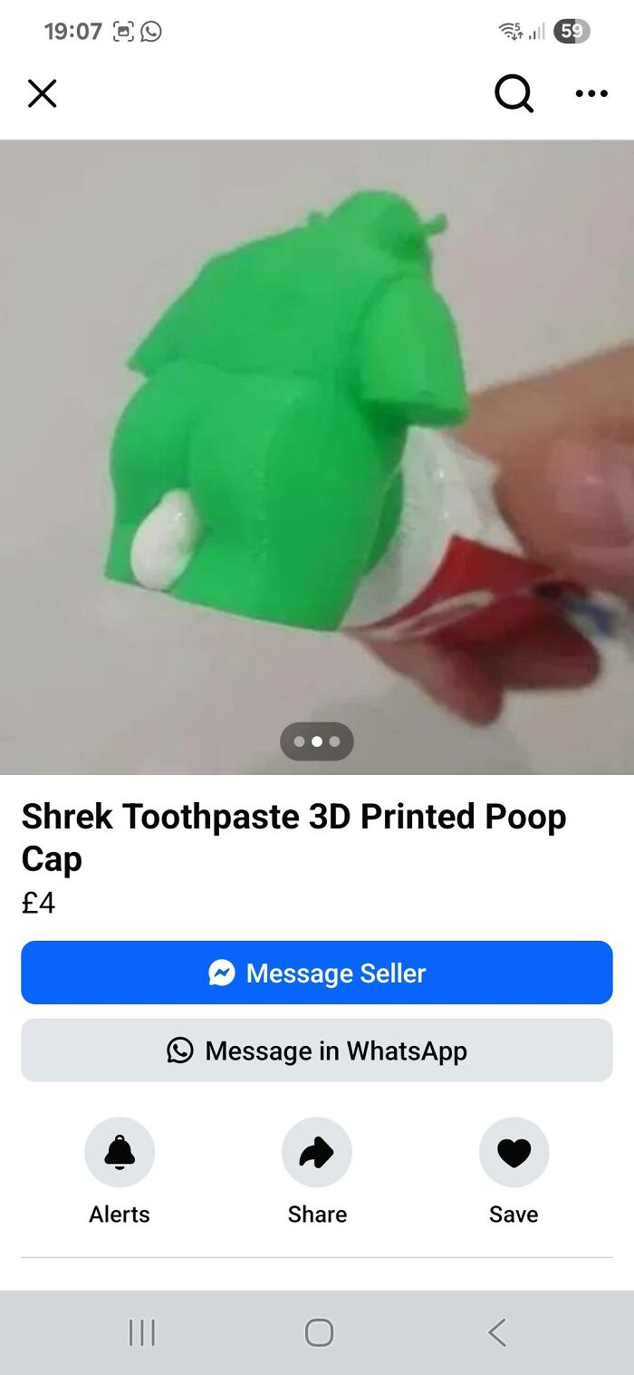 Green 3D printed Shrek-inspired toothpaste cap shaped like a p**p, showcasing a humorous DIY craft fail project.