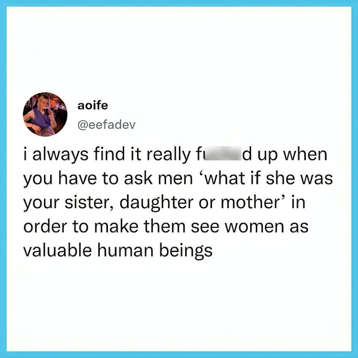 Tweet screenshot highlighting a powerful meme about valuing women as human beings, shared in a popular Facebook group.