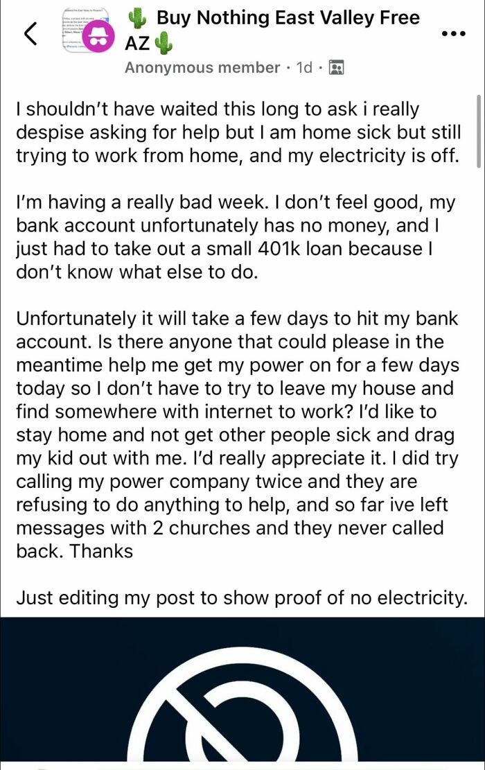 Post from Buy Nothing East Valley Free AZ group showing a single mom asking for help with electricity outage and financial struggles.
