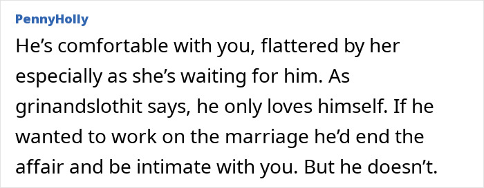 Comment discussing doubts about husband&rsquo;s love and marriage issues amid an ongoing 8-year affair situation.