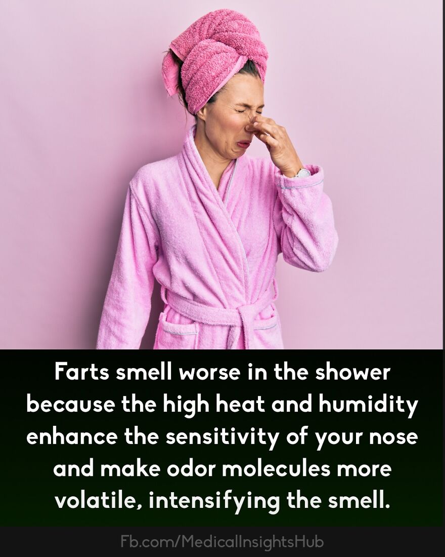 Woman in pink bathrobe and towel holding her nose, illustrating curious medical facts about fingers containing no muscles.