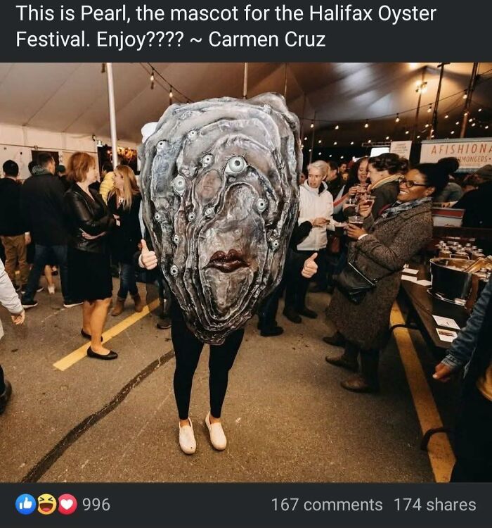 Person wearing a bizarre DIY oyster mascot costume with many eyes at a crowded festival, showcasing craft shaming fails.